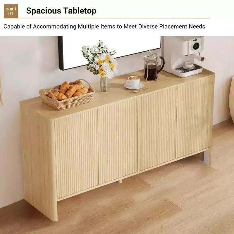 COZONY 58in Sideboard Buffet Cabinet, Modern Fluted Storage Cabinet with 4 Doors & Adjustable Shelves, Wood Credenza Console