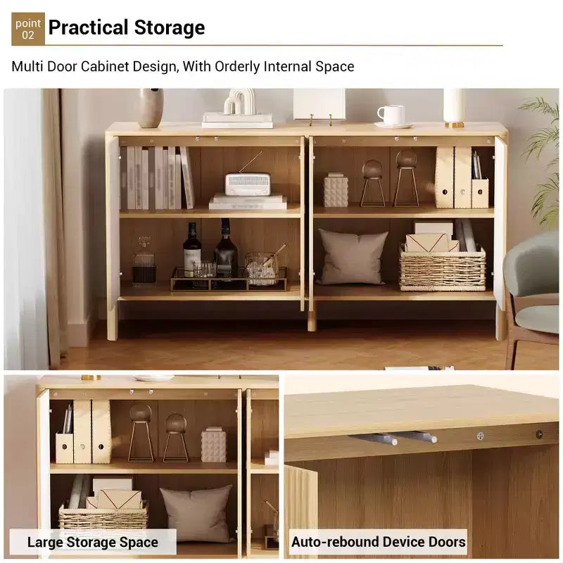 COZONY 58in Sideboard Buffet Cabinet, Modern Fluted Storage Cabinet with 4 Doors & Adjustable Shelves, Wood Credenza Console