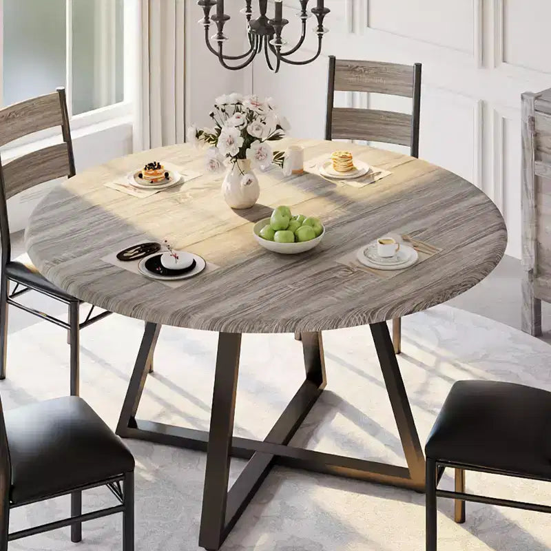 5-Piece Round Dining Table Set for 4, Sturdy Wooden Kitchen Table and 4 Upholstered Chairs, Space-Saving Circle Dinner Table Set for Dining Room