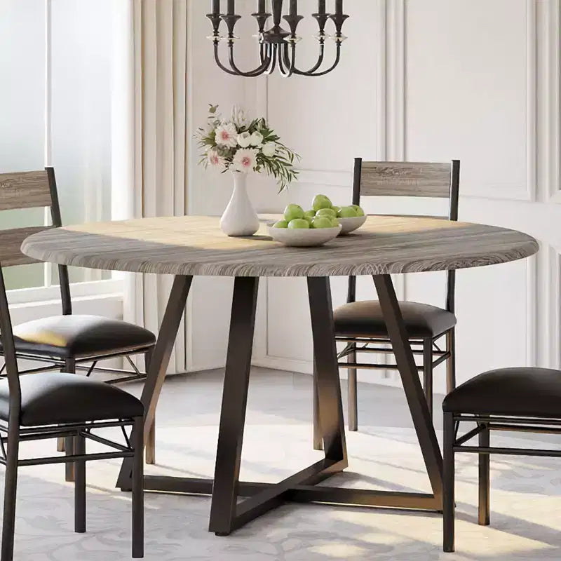 5-Piece Round Dining Table Set for 4, Sturdy Wooden Kitchen Table and 4 Upholstered Chairs, Space-Saving Circle Dinner Table Set for Dining Room