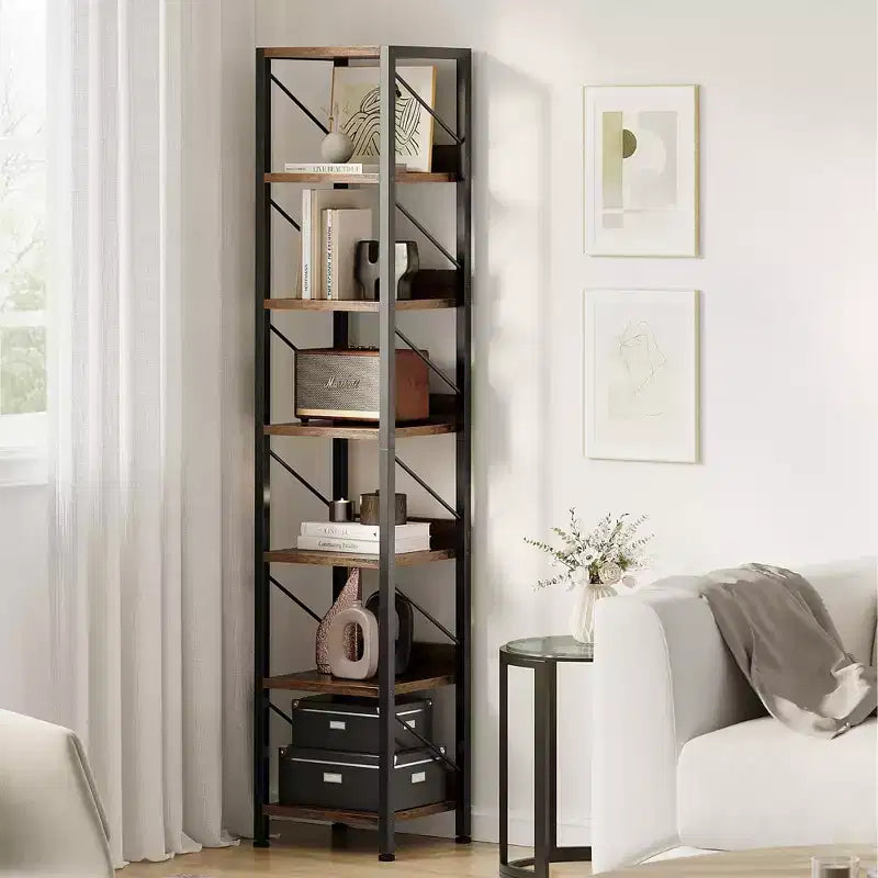 6-Tier Narrow Bookshelf, Tall Slim Bookcase with Metal Frame - Rustic Industrial Corner Shelf, Freestanding Storage Rack for Bedroom, Living Room