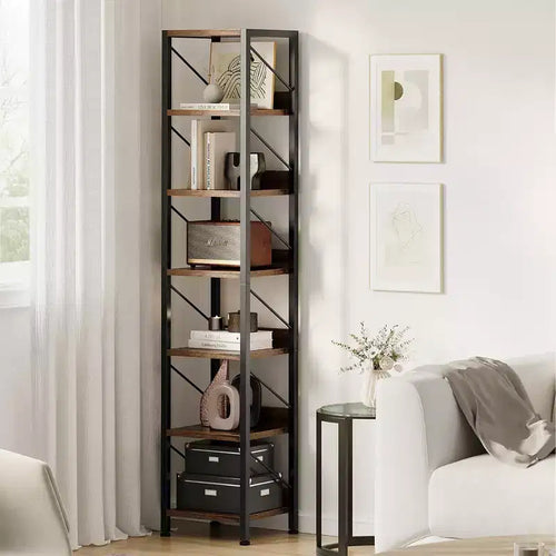 6-Tier Narrow Bookshelf, Tall Slim Bookcase with Metal Frame - Rustic Industrial Corner Shelf, Freestanding Storage Rack for Bedroom, Living Room