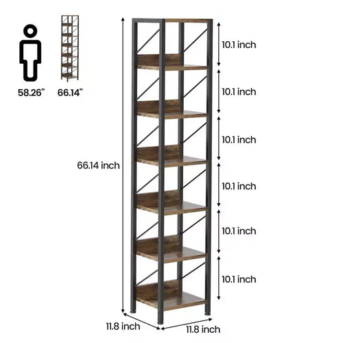Étagère étroite à 6 niveaux, Bibliothèque haute et fine avec cadre métallique - Étagère d'angle industrielle rustique, Étagère de rangement autoportante pour chambre à coucher, salon