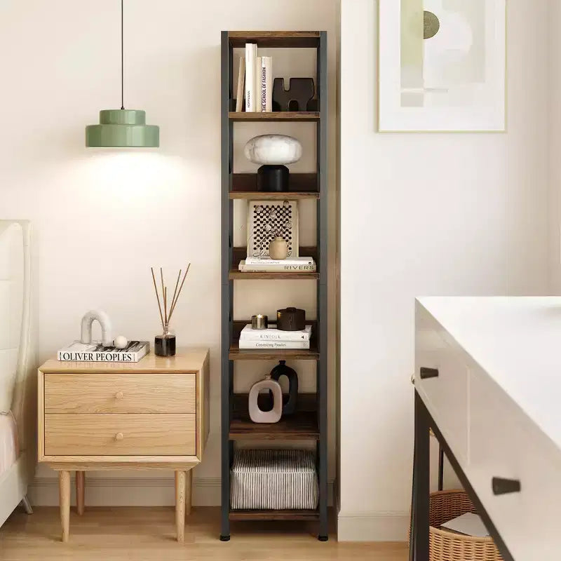 6-Tier Narrow Bookshelf, Tall Slim Bookcase with Metal Frame - Rustic Industrial Corner Shelf, Freestanding Storage Rack for Bedroom, Living Room