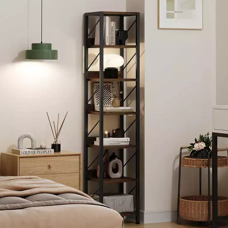 6-Tier Narrow Bookshelf, Tall Slim Bookcase with Metal Frame - Rustic Industrial Corner Shelf, Freestanding Storage Rack for Bedroom, Living Room