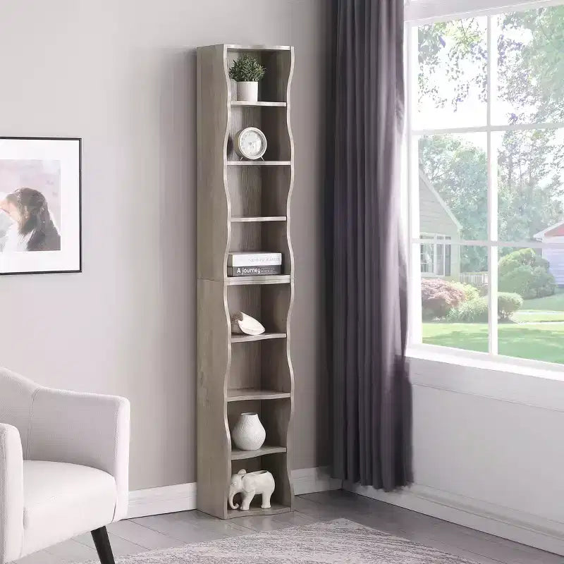 MAYEERTY 8 Layer Adjustable Shelf, Display, Ultre-thin Bookshelf with a Wavy Border Design for Living Room Gray