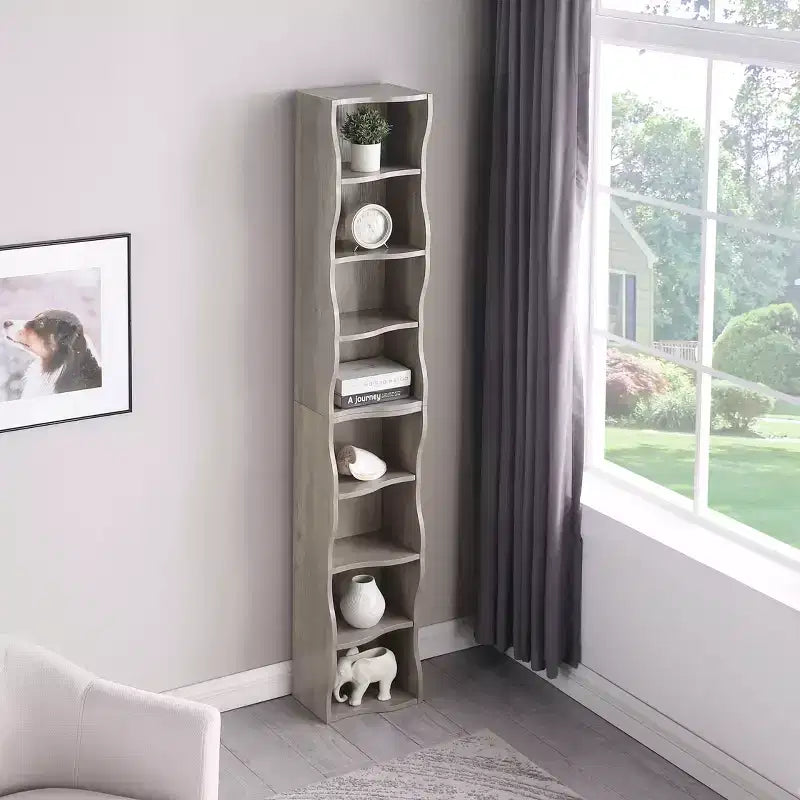 MAYEERTY 8 Layer Adjustable Shelf, Display, Ultre-thin Bookshelf with a Wavy Border Design for Living Room Gray