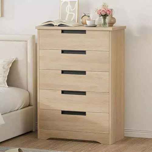 Commode à 5 tiroirs en bois pour chambre à coucher, petite commode en chêne, style moderne et minimaliste avec poignées intégrées pour salon, chambre à coucher, entrée