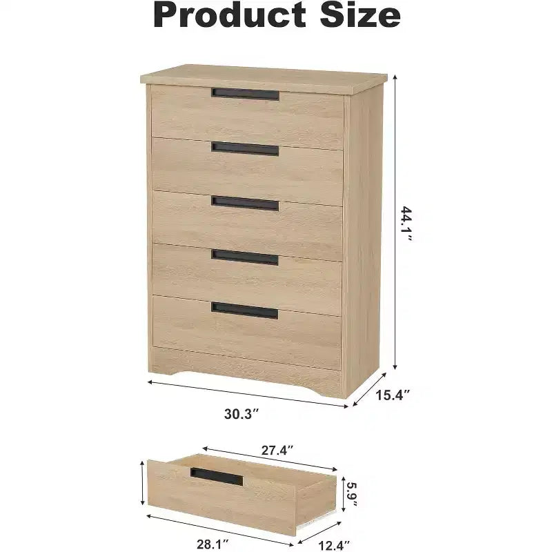 5 Wooden Drawer Dresser for Bedroom, Small Oak Dresser, Modern Minimalist Store with Built in Handles Design for Living Room, Bedroom, Entryway