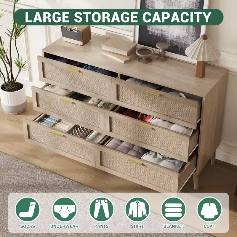 COZONY 6-Drawer Storage Chest w/ Golden Handles Natural Rattan Design for Bedroom, Living Room & Entryway