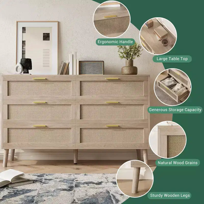 COZONY 6-Drawer Storage Chest w/ Golden Handles Natural Rattan Design for Bedroom, Living Room & Entryway