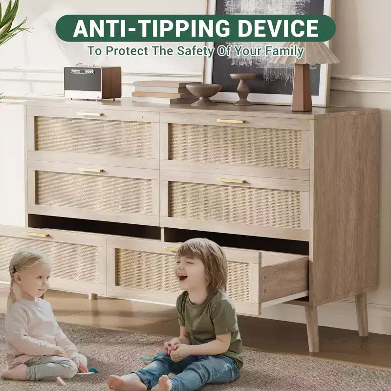 COZONY 6-Drawer Storage Chest w/ Golden Handles Natural Rattan Design for Bedroom, Living Room & Entryway