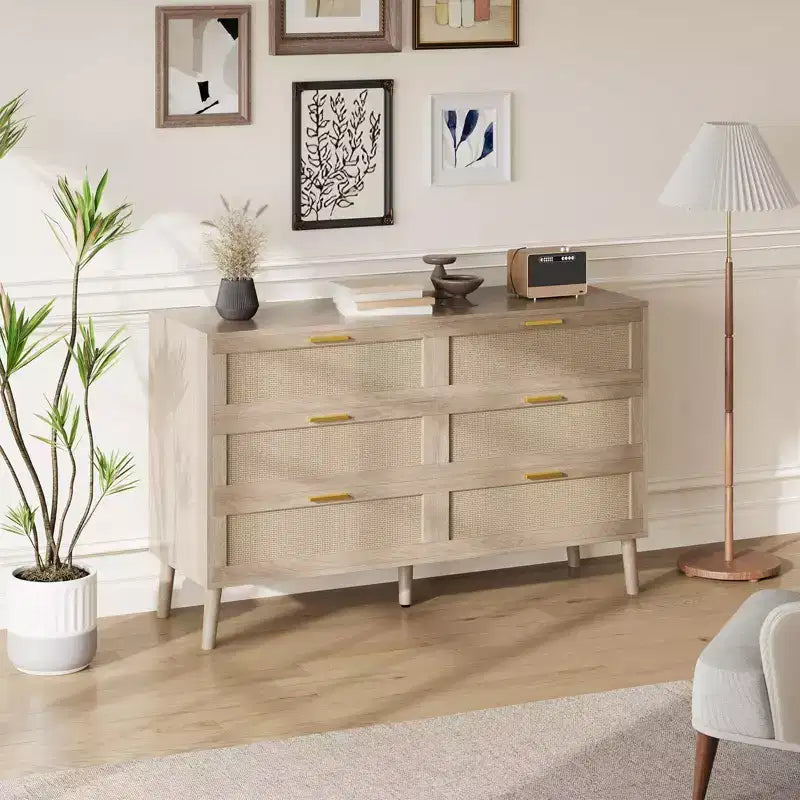 COZONY 6-Drawer Storage Chest w/ Golden Handles Natural Rattan Design for Bedroom, Living Room & Entryway