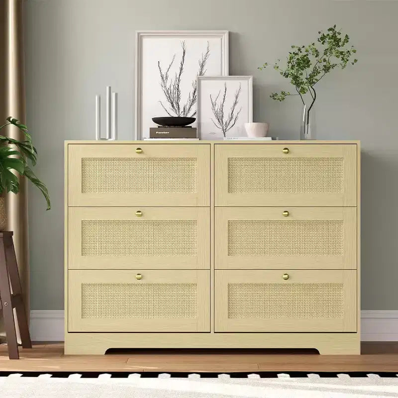 Rattan Dresser with 6/ 8 Drawers, Modern Boho Wooden Dresser, Wicker Chest of Drawers with Metal Handles & Solid Wood Legs, for Home Office