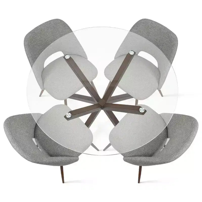 5-Piece Round Glass Dining Table Set with Upholstered Fabric Chairs, Modern Kitchen & Dining Room Furniture with Walnut Legs-Panipeachy