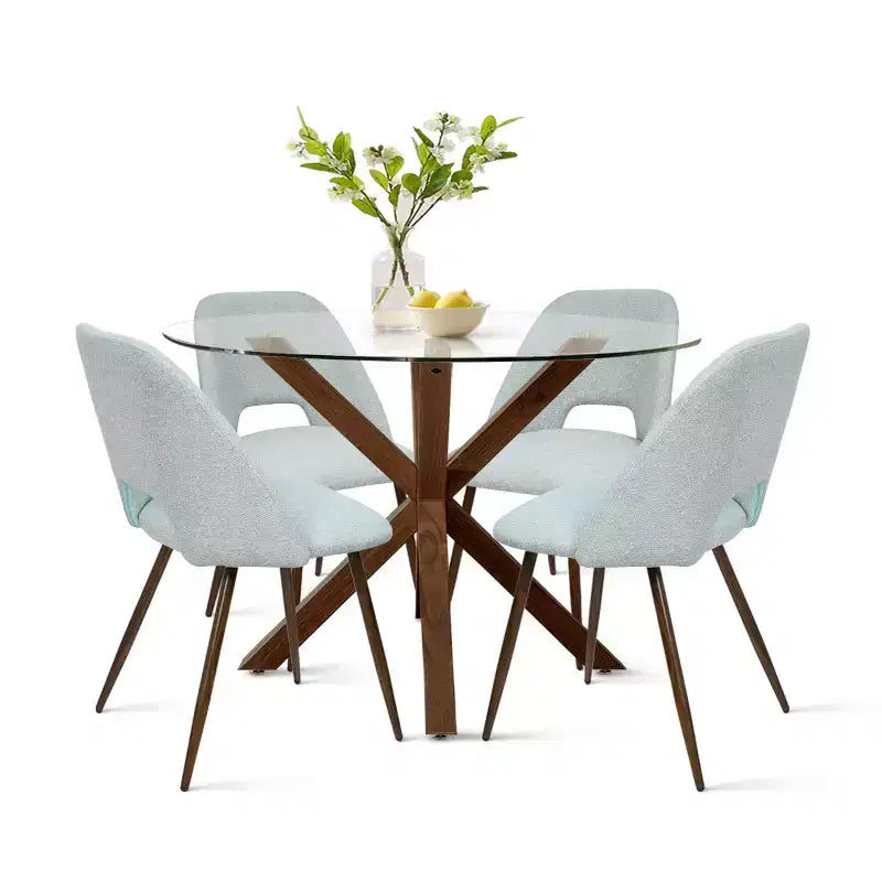 5-Piece Round Glass Dining Table Set with Upholstered Fabric Chairs, Modern Kitchen & Dining Room Furniture with Walnut Legs-Panipeachy