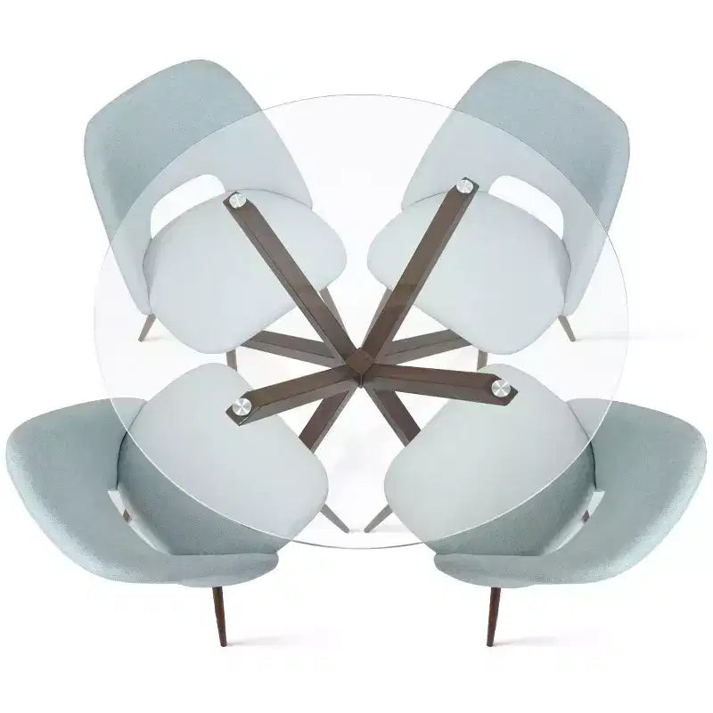 5-Piece Round Glass Dining Table Set with Upholstered Fabric Chairs, Modern Kitchen & Dining Room Furniture with Walnut Legs-Panipeachy
