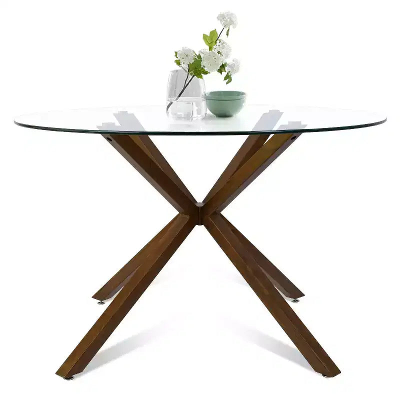 5-Piece Round Glass Dining Table Set with Upholstered Fabric Chairs, Modern Kitchen & Dining Room Furniture with Walnut Legs-Panipeachy