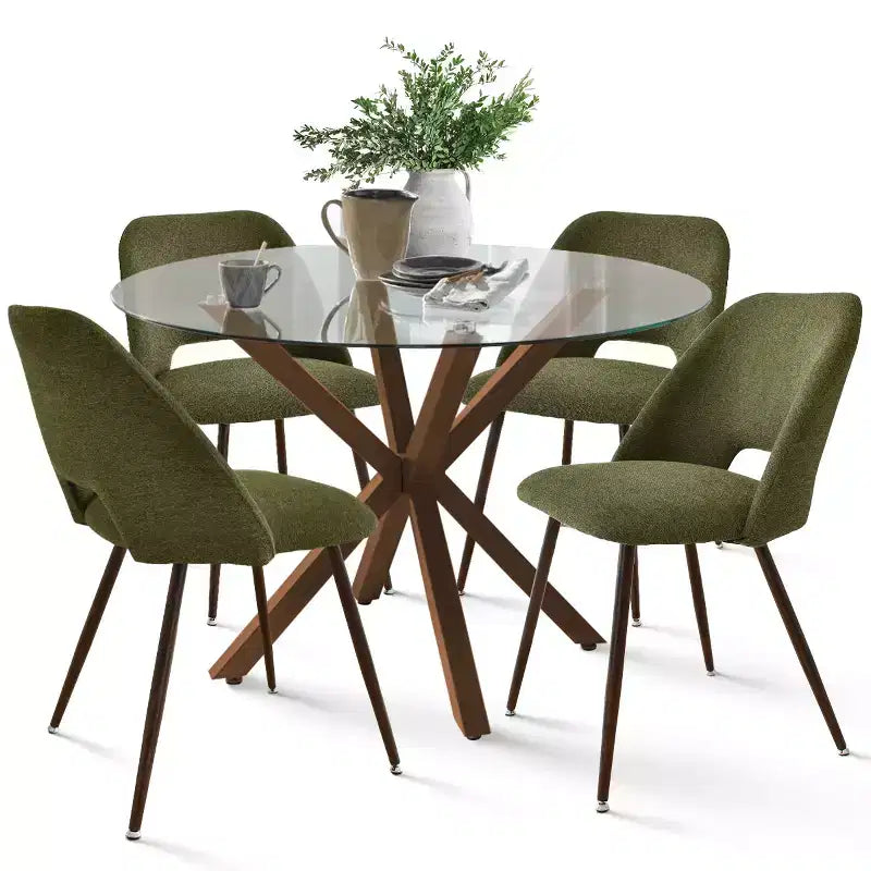 5-Piece Round Glass Dining Table Set with Upholstered Fabric Chairs, Modern Kitchen & Dining Room Furniture with Walnut Legs-Panipeachy