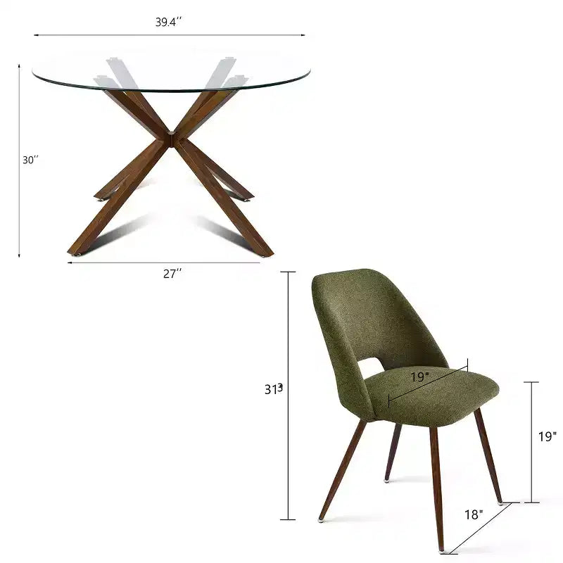5-Piece Round Glass Dining Table Set with Upholstered Fabric Chairs, Modern Kitchen & Dining Room Furniture with Walnut Legs-Panipeachy