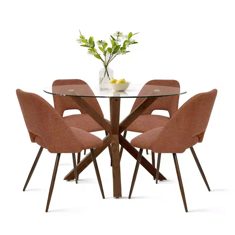 5-Piece Round Glass Dining Table Set with Upholstered Fabric Chairs, Modern Kitchen & Dining Room Furniture with Walnut Legs-Panipeachy