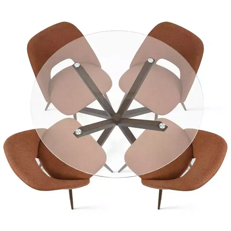 5-Piece Round Glass Dining Table Set with Upholstered Fabric Chairs, Modern Kitchen & Dining Room Furniture with Walnut Legs-Panipeachy