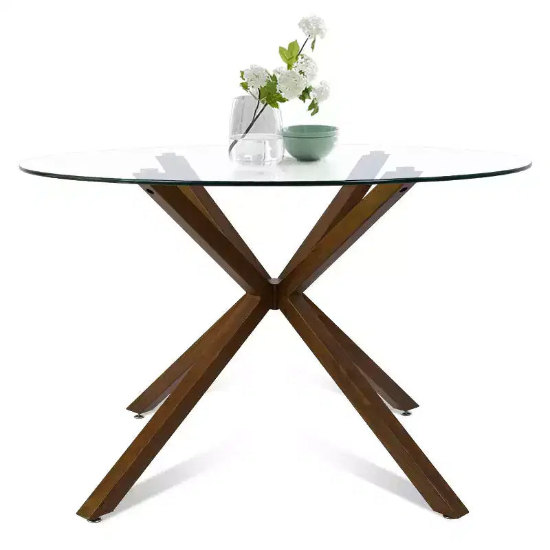 5-Piece Round Glass Dining Table Set with Upholstered Fabric Chairs, Modern Kitchen & Dining Room Furniture with Walnut Legs-Panipeachy