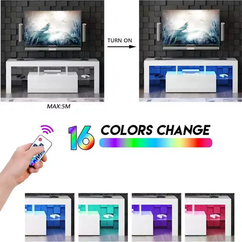 Meuble TV LED 55 pouces avec étagères ouvertes et porte rabattable, console multimédia moderne en verre pour salon et chambre