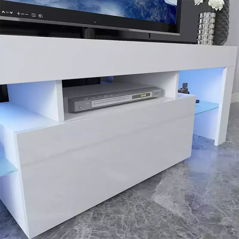 55-Inch LED TV Stand with Open Shelves & Flip Door, Modern Glass Shelf Media Console for Living Room Bedroom