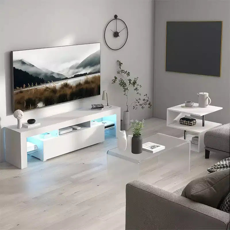 55-Inch LED TV Stand with Open Shelves & Flip Door, Modern Glass Shelf Media Console for Living Room Bedroom