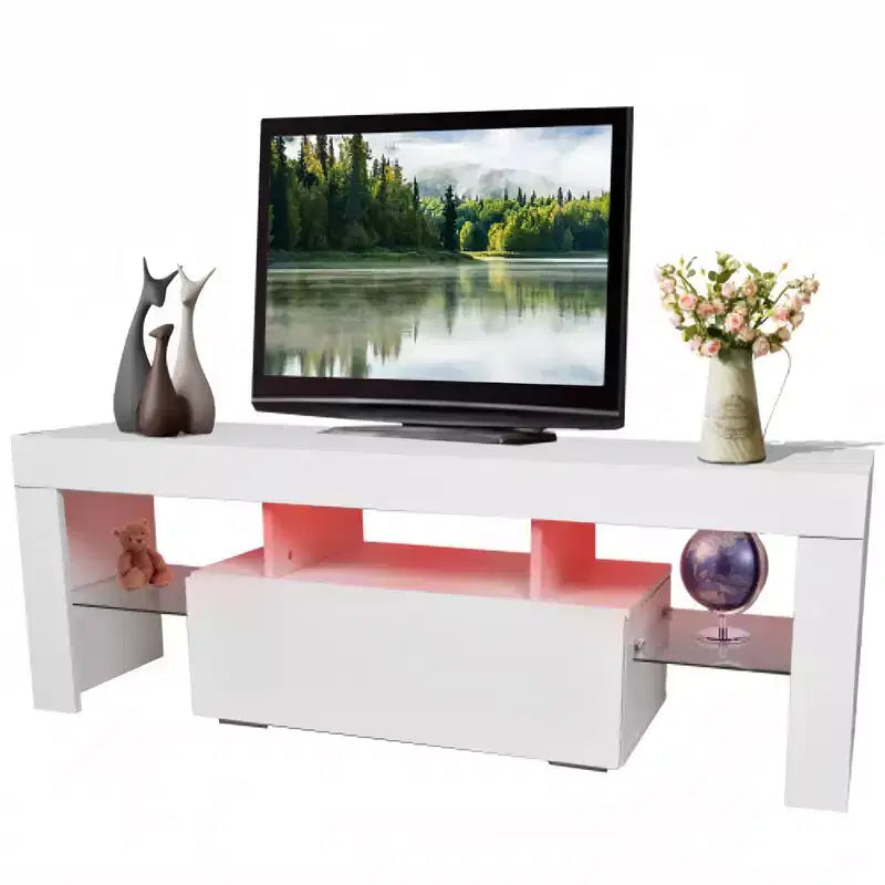 55-Inch LED TV Stand with Open Shelves & Flip Door, Modern Glass Shelf Media Console for Living Room Bedroom