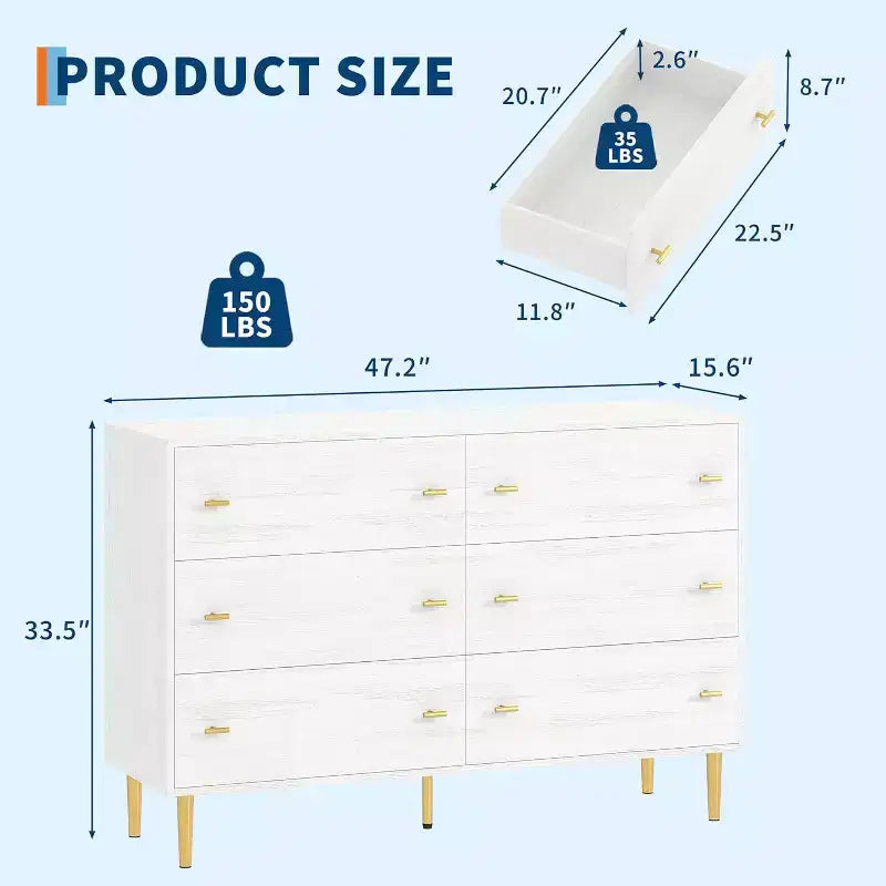 Commode 6 tiroirs pour chambre à coucher, commode rustique en bois avec poignées barre, design vintage, organisateur de commodes de rangement pour chambre à coucher, salon