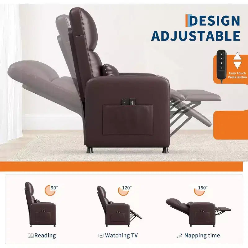 PU Leather Recliner Chair with Massage and Heat with Massage Function with Lumbar Support, Adjustable Push Back, Wide Arm