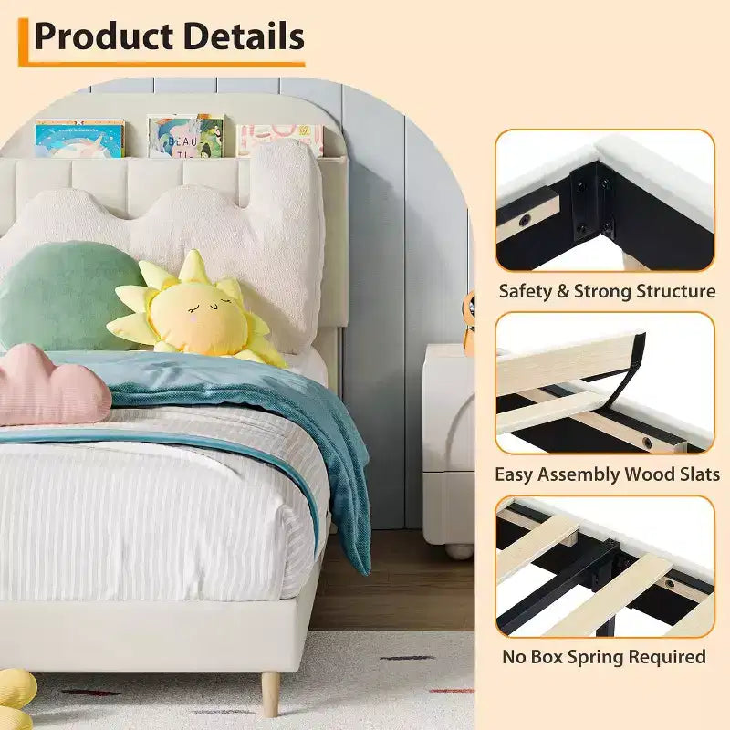 GustoWave Full Size Upholstered Platform Bed Frame with Storage Headboard & Bookshelf for Kids or Teens