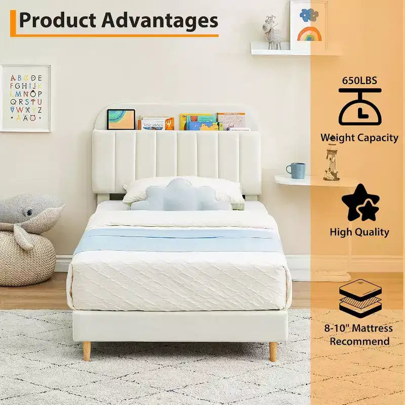 GustoWave Full Size Upholstered Platform Bed Frame with Storage Headboard & Bookshelf for Kids or Teens
