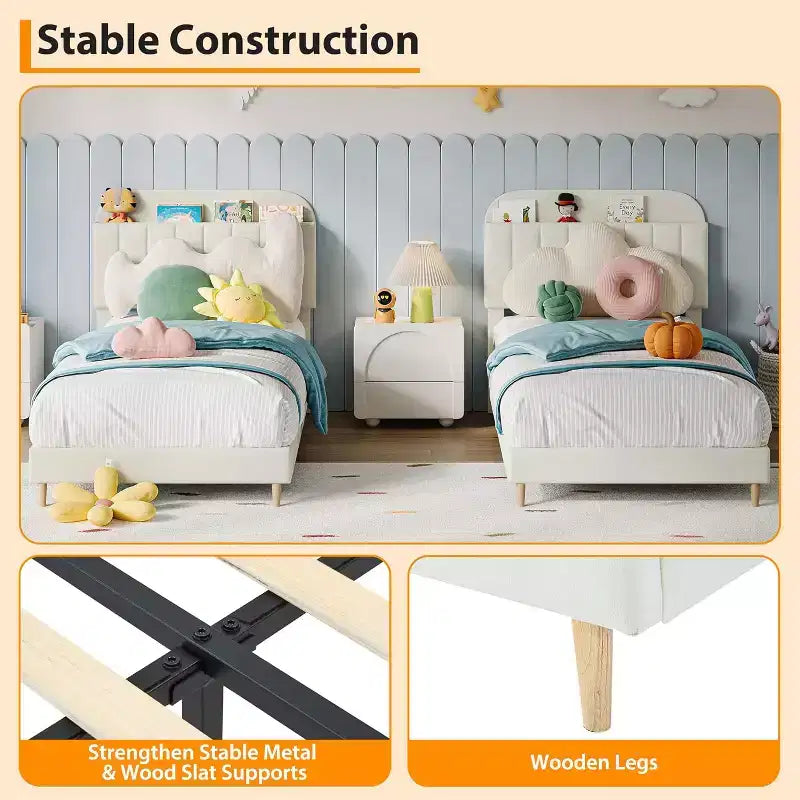 GustoWave Full Size Upholstered Platform Bed Frame with Storage Headboard & Bookshelf for Kids or Teens