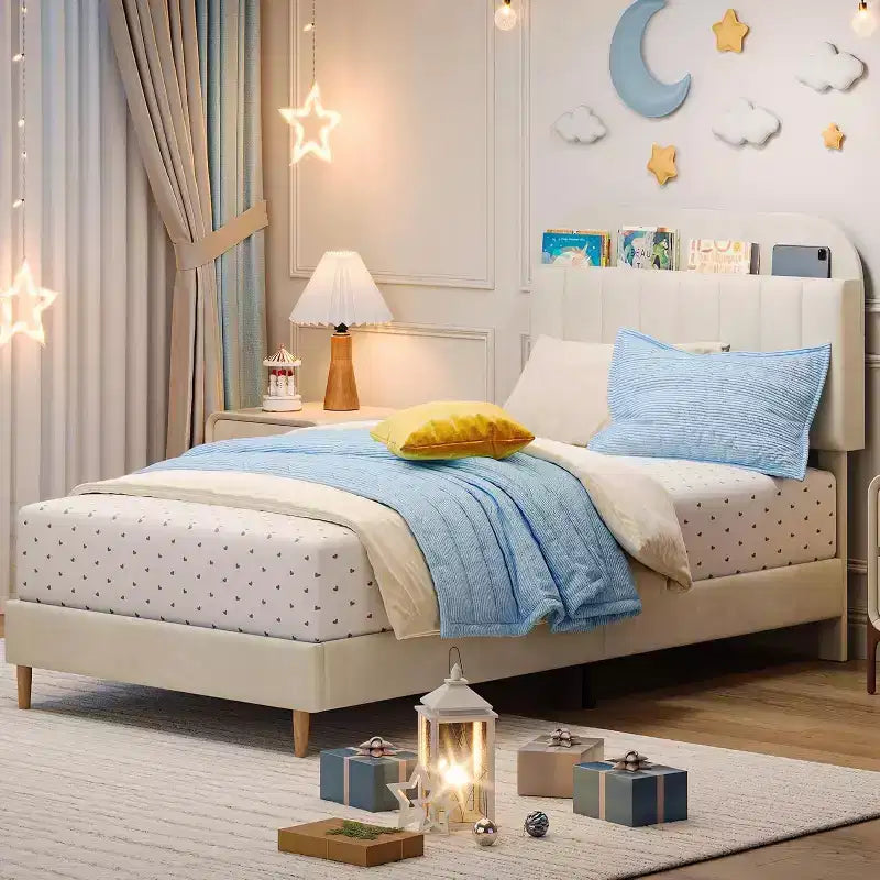 GustoWave Full Size Upholstered Platform Bed Frame with Storage Headboard & Bookshelf for Kids or Teens