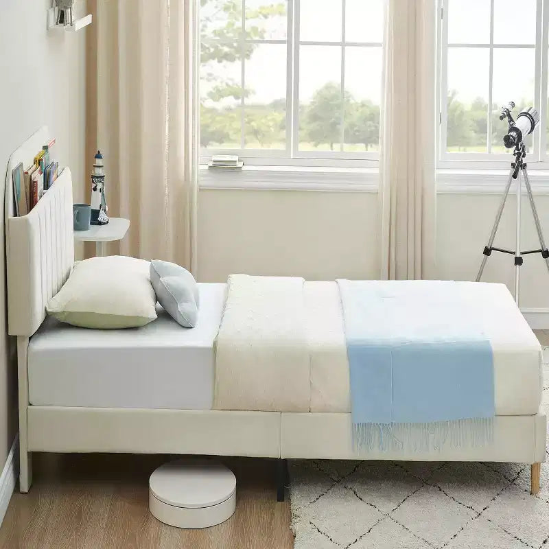 GustoWave Full Size Upholstered Platform Bed Frame with Storage Headboard & Bookshelf for Kids or Teens