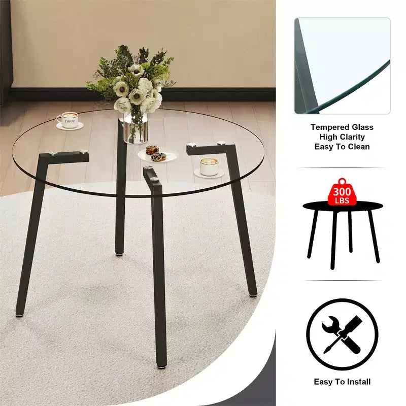 Coffee Table, Modern Minimalist Style Circular Transparent Tempered Glass Table, Tempered Glass Tabletop, Metal Table Legs Black