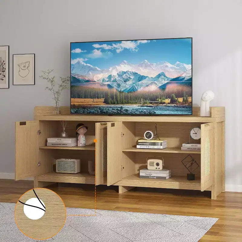 TV Stand for 65 Inch TV, Wood Entertainment Center with Glass Door Storage Cabinet, Entertainment Center Console Table for TV for Living Room