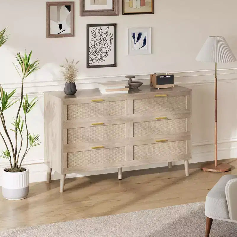 6 Drawer Dresser for Bedroom, Natural Rattan Dresser with Gold Metal Handles, Farmhouse Chest of Drawer with 5 Strong Legs for Living Room, Hallway