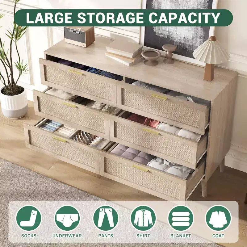 6 Drawer Dresser for Bedroom, Natural Rattan Dresser with Gold Metal Handles, Farmhouse Chest of Drawer with 5 Strong Legs for Living Room, Hallway