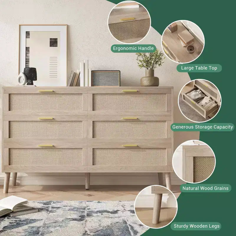 6 Drawer Dresser for Bedroom, Natural Rattan Dresser with Gold Metal Handles, Farmhouse Chest of Drawer with 5 Strong Legs for Living Room, Hallway