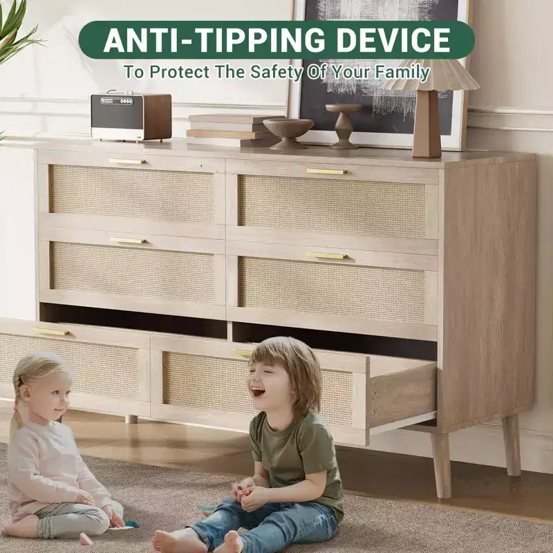 6 Drawer Dresser for Bedroom, Natural Rattan Dresser with Gold Metal Handles, Farmhouse Chest of Drawer with 5 Strong Legs for Living Room, Hallway