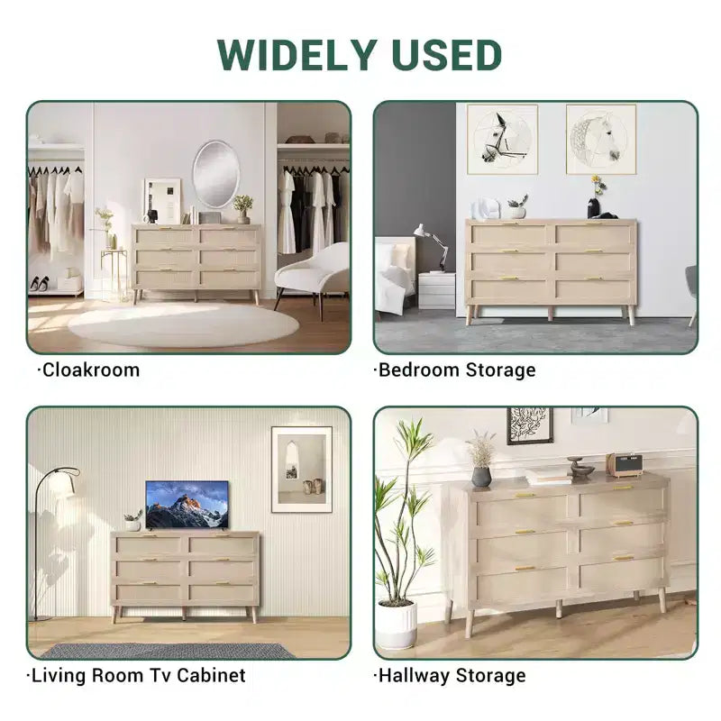 6 Drawer Dresser for Bedroom, Natural Rattan Dresser with Gold Metal Handles, Farmhouse Chest of Drawer with 5 Strong Legs for Living Room, Hallway