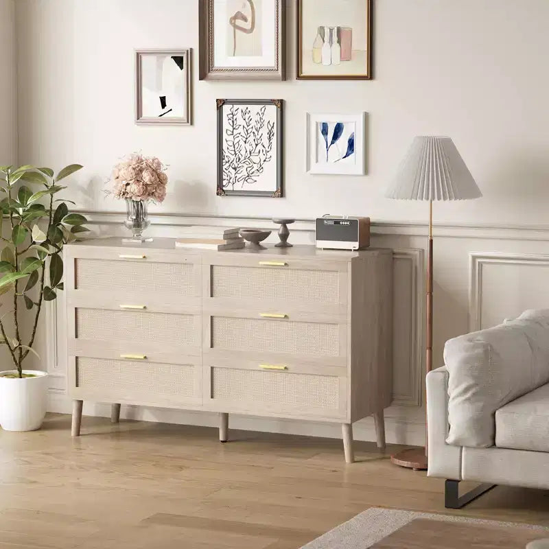 6 Drawer Dresser for Bedroom, Natural Rattan Dresser with Gold Metal Handles, Farmhouse Chest of Drawer with 5 Strong Legs for Living Room, Hallway