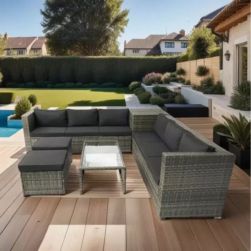 8 Piece Patio Sectional Furniture Sofa Set, Wicker Rattan Outdoor Conversation Sofa with Storage Box, for Balcony, Porch, Backyard, Deck