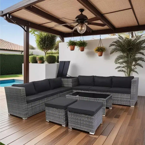 Ensemble de canapé d'extérieur 8 pièces en rotin pour terrasse, canapé de conversation en osier avec coffre de rangement, pour balcon, porche, cour arrière, terrasse