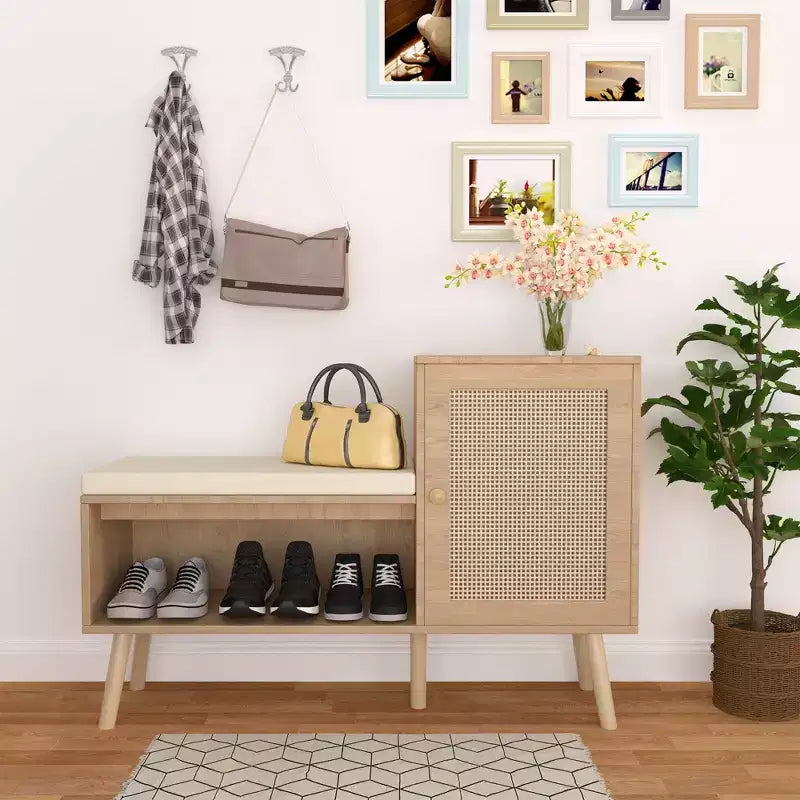 JVNOXK 2-in-1 Shoe Cabinet Storage Bench, PP Rattan Shoe Cabinet with 2 Adjustable Shelves and Removable Cushion, Shoe Organization Storage Cabinet
