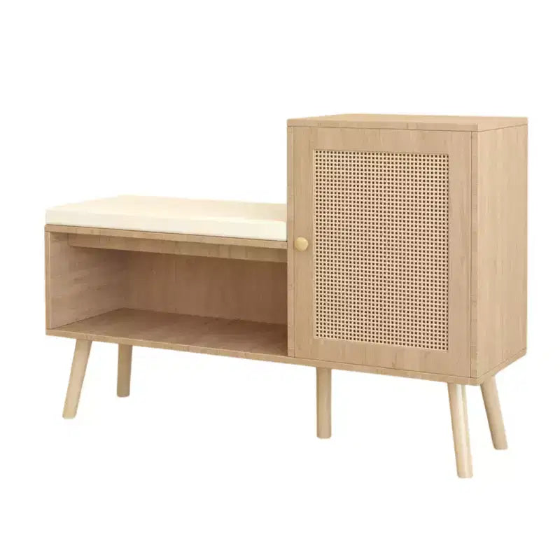 JVNOXK 2-in-1 Shoe Cabinet Storage Bench, PP Rattan Shoe Cabinet with 2 Adjustable Shelves and Removable Cushion, Shoe Organization Storage Cabinet